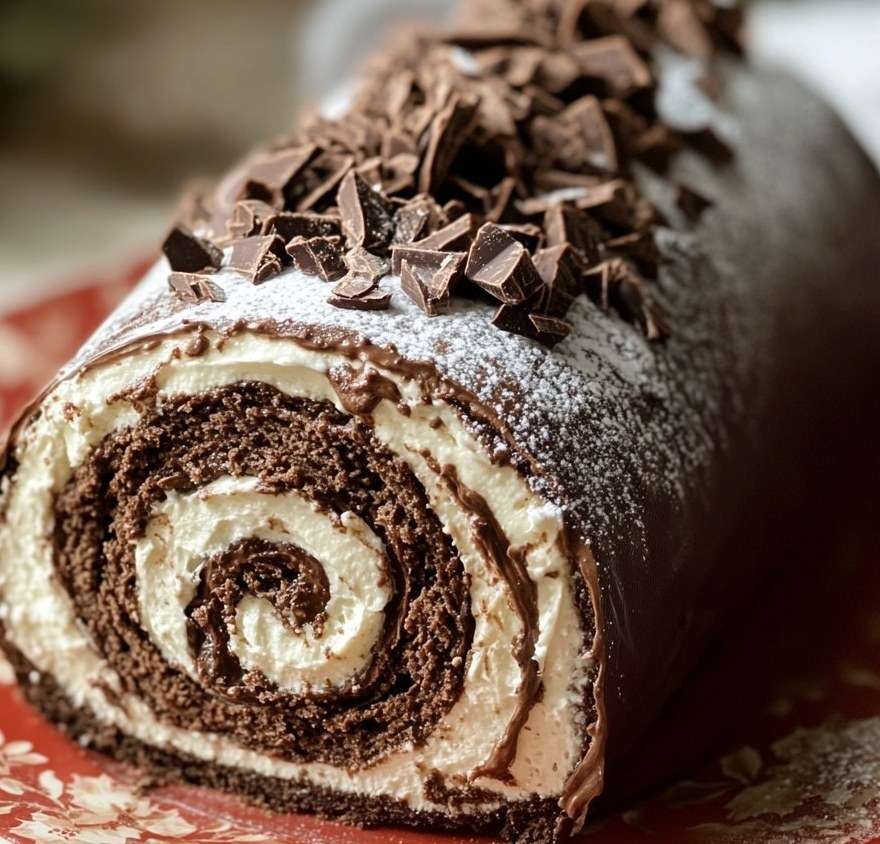 Bûche chocolat roulée avec glaçage brillant, copeaux de chocolat et finition sucre glace