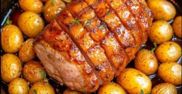 Rôti porc grenailles doré avec thym frais, ail écrasé et jus caramélisé