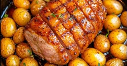 Rôti porc grenailles doré avec thym frais, ail écrasé et jus caramélisé