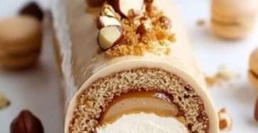 Roulé noisette caramel avec glaçage crémeux, cœur fondant et décor de noisettes grillées