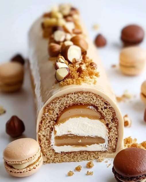 Roulé noisette caramel avec glaçage crémeux, cœur fondant et décor de noisettes grillées