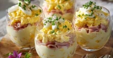 Verrines œufs mimosa jambon avec pommes de terre, œufs durs et ciboulette fraîche