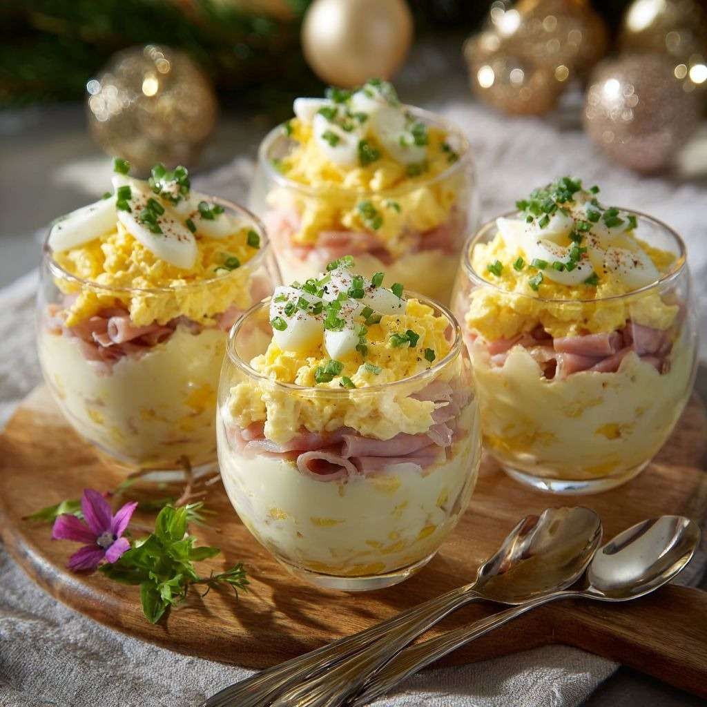 Verrines œufs mimosa jambon avec pommes de terre, œufs durs et ciboulette fraîche