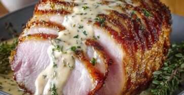Rôti de porc sauce crémeuse aux herbes servi tranché avec sauce onctueuse et herbes fraîches