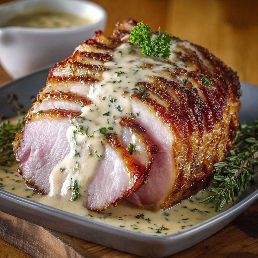 Rôti de porc sauce crémeuse aux herbes servi tranché avec sauce onctueuse et herbes fraîches