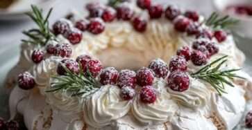 Pavlova couronne Noël garnie de chantilly, fruits rouges et romarin avec effet neige