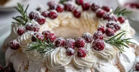 Pavlova couronne Noël garnie de chantilly, fruits rouges et romarin avec effet neige