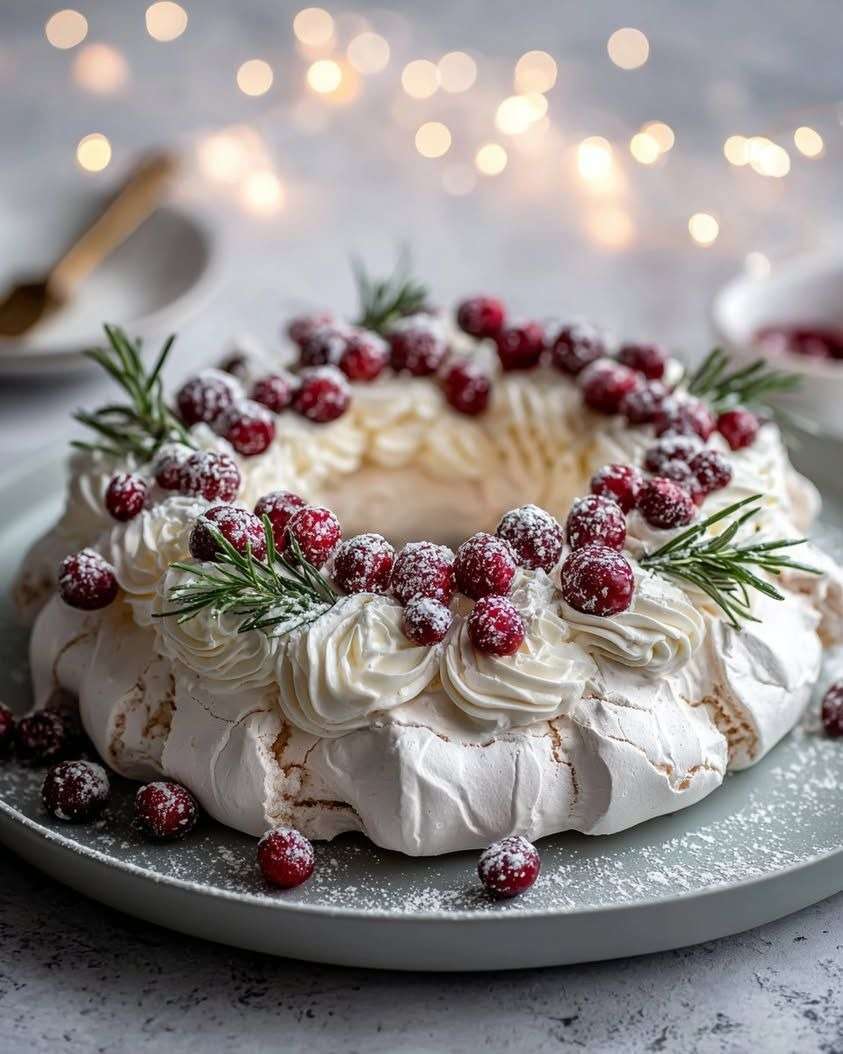 Pavlova couronne Noël garnie de chantilly, fruits rouges et romarin avec effet neige