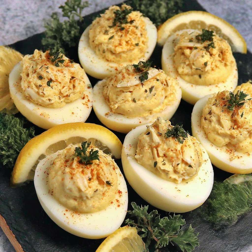 Œufs mimosa crabe citron garnis de crème citronnée, ciboulette et paprika