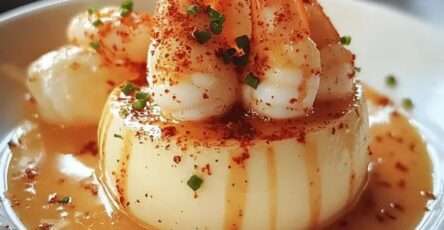 Flan de crevettes citronné servi avec sauce légère au citron et ciboulette fraîche