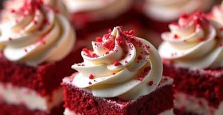 Mini cubes Red Velvet Noël garnis de crème vanille et décorés de miettes rouges