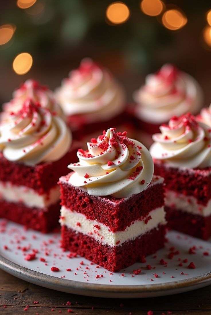 Mini cubes Red Velvet Noël garnis de crème vanille et décorés de miettes rouges