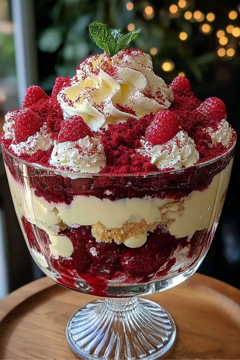 Red Velvet Cake Trifle Noël en verrine avec crème vanille, fruits rouges et miettes de gâteau