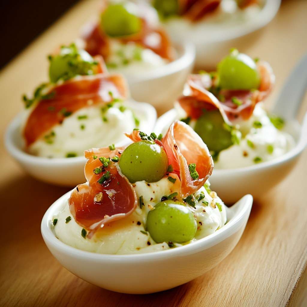 Cuillères apéritives de fromage fouetté au raisin vert et jambon cru, décorées de ciboulette