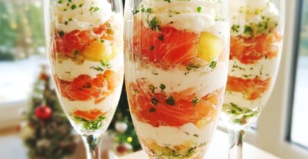 Verrines saumon fumé crème citronnée avec ciboulette fraîche et couches nettes