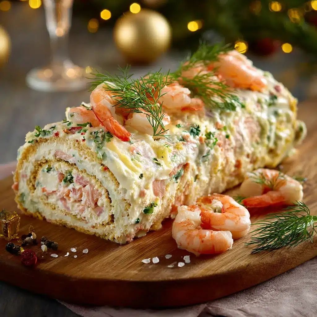 Bûche salée aux saveurs de la mer garnie de crevettes, saumon fumé et aneth frais