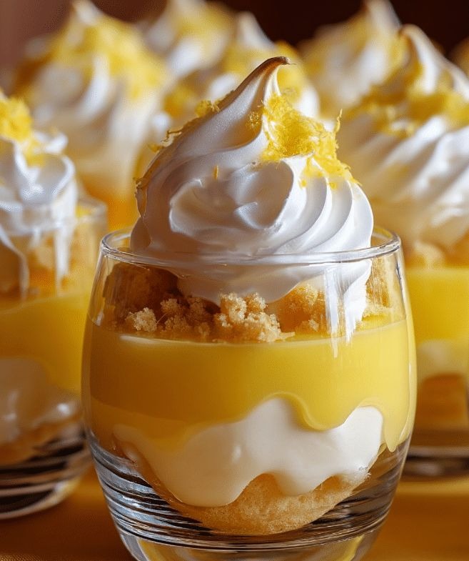 Verrines tarte au citron meringuée avec crème citron onctueuse, base biscuitée et meringue dorée