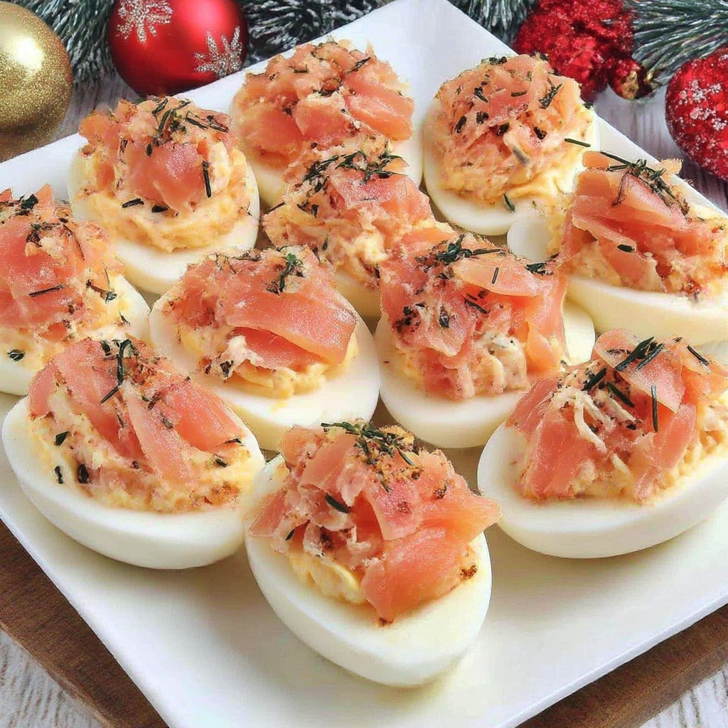 Œufs mimosa au saumon fumé garnis de crème onctueuse et herbes fraîches