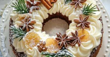 Couronne de gâteau de Noël aux épices décorée d’orange séchée, cannelle et crème vanillée