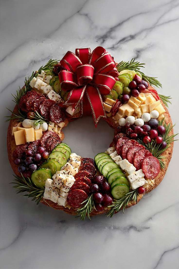 Couronne apéritive de Noël composée de fromages, charcuterie, raisins et romarin