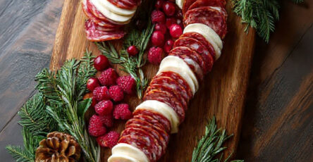 Canne de Noël apéritive composée de charcuterie, fromage, fruits rouges et romarin