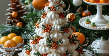 Sapin de Noël en meringues blanches décoré de perles en sucre et romarin