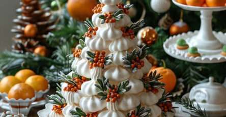 Sapin de Noël en meringues blanches décoré de perles en sucre et romarin
