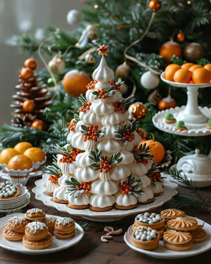 Sapin de Noël en meringues blanches décoré de perles en sucre et romarin