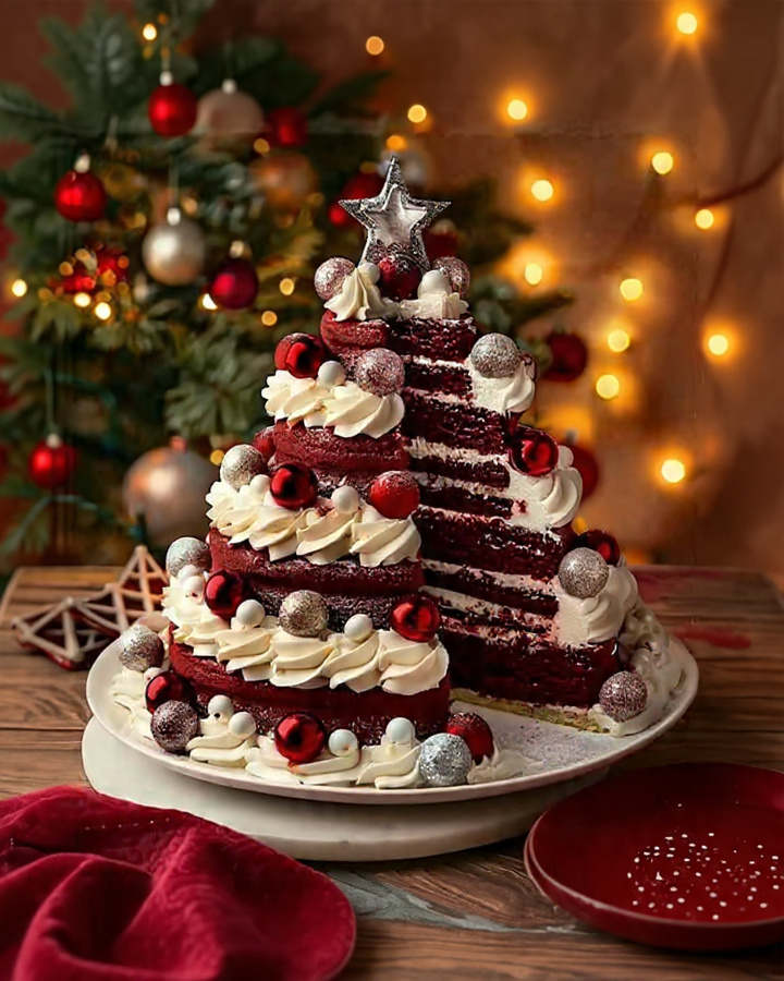 Sapin de Noël Red Velvet à la crème fromage décoré de perles en sucre et étoile dorée