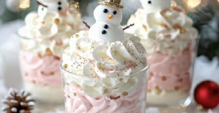 Verrines bonhomme de neige de Noël à la crème vanille et mousse rose décorées façon festive