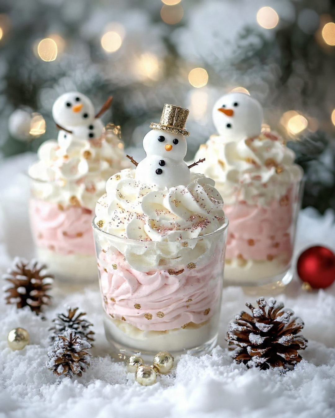 Verrines bonhomme de neige de Noël à la crème vanille et mousse rose décorées façon festive