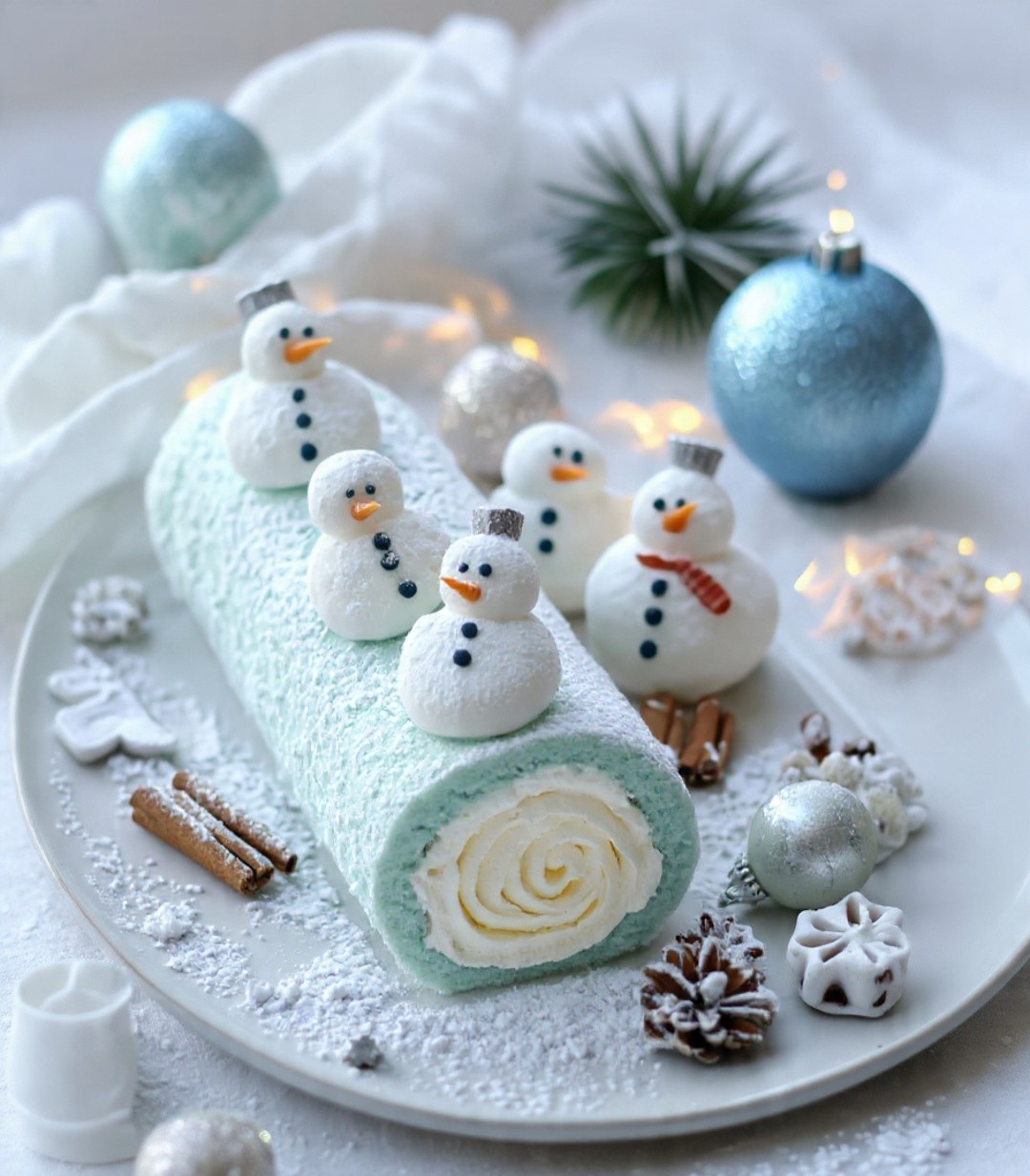 Bûche roulée bonhommes de neige à la vanille décorée de sucre glace effet neige