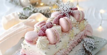 Bûche de Noël rose framboise décorée de macarons roses et framboises fraîches