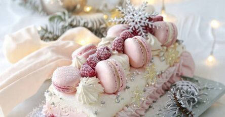 Bûche de Noël rose framboise décorée de macarons roses et framboises fraîches