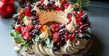 Gâteau couronne de Noël aux fruits rouges frais et crème vanille, décor festif et hivernal