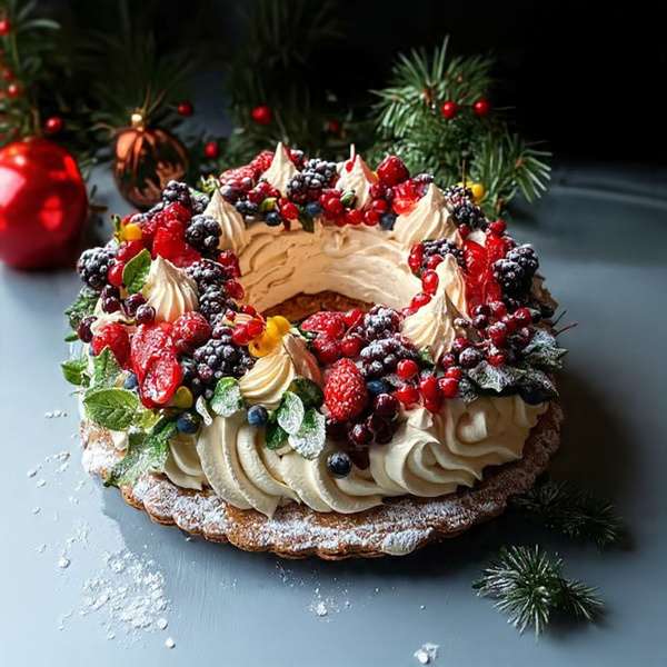 Gâteau couronne de Noël aux fruits rouges frais et crème vanille, décor festif et hivernal