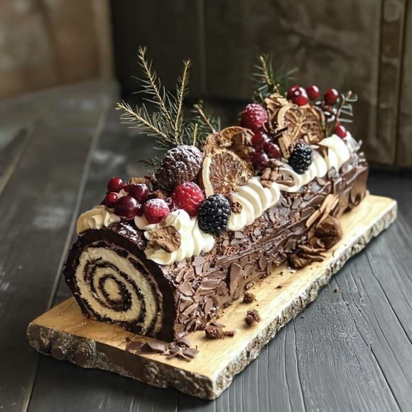 Bûche de Noël chocolat vanille décorée de fruits rouges, orange séchée et sucre glace effet forêt enchantée