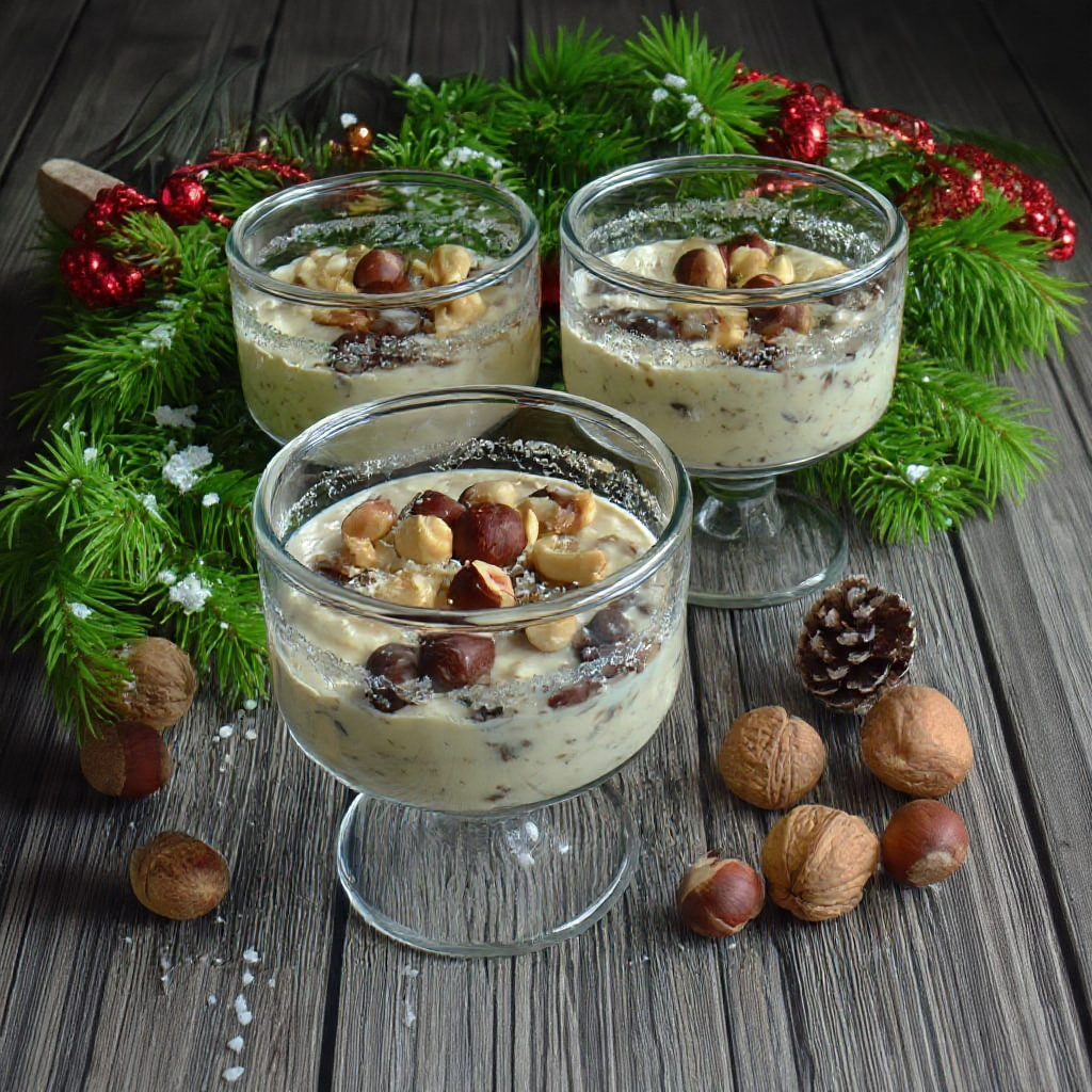 Verrine de crème de champignons crémeuse garnie de noisettes torréfiées