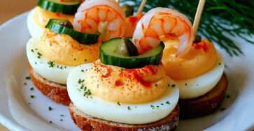 Œufs mimosa crevette dressés sur toast croustillant avec cornichons et câpres