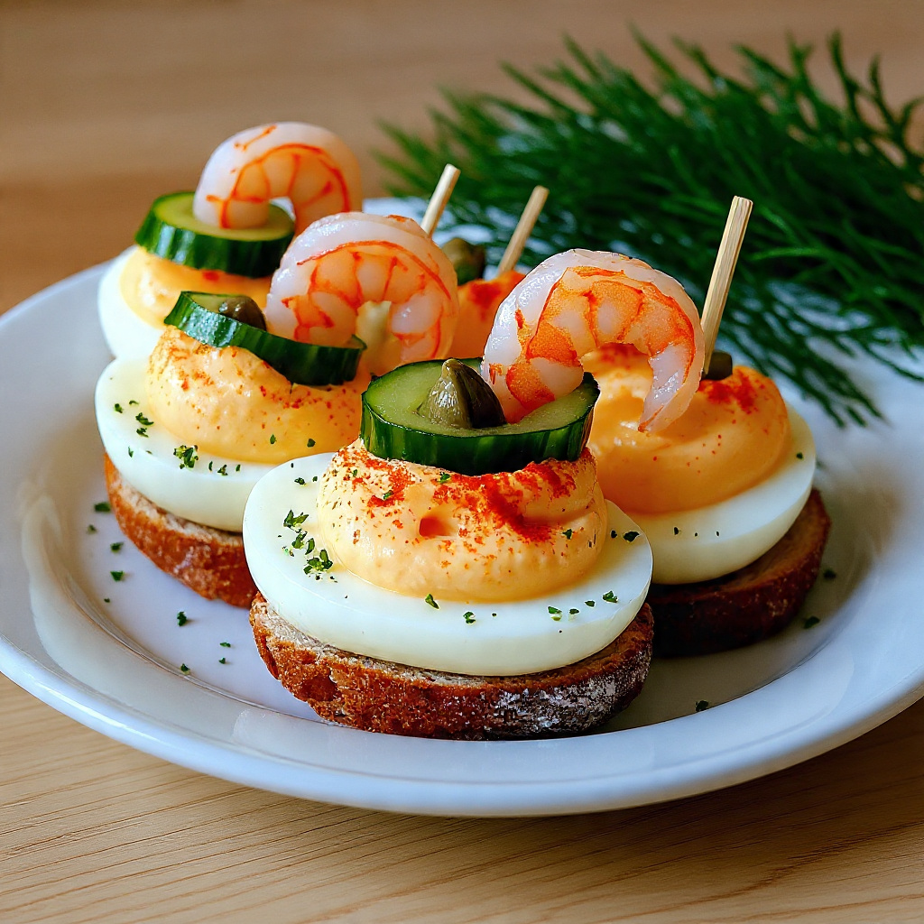 Œufs mimosa crevette dressés sur toast croustillant avec cornichons et câpres