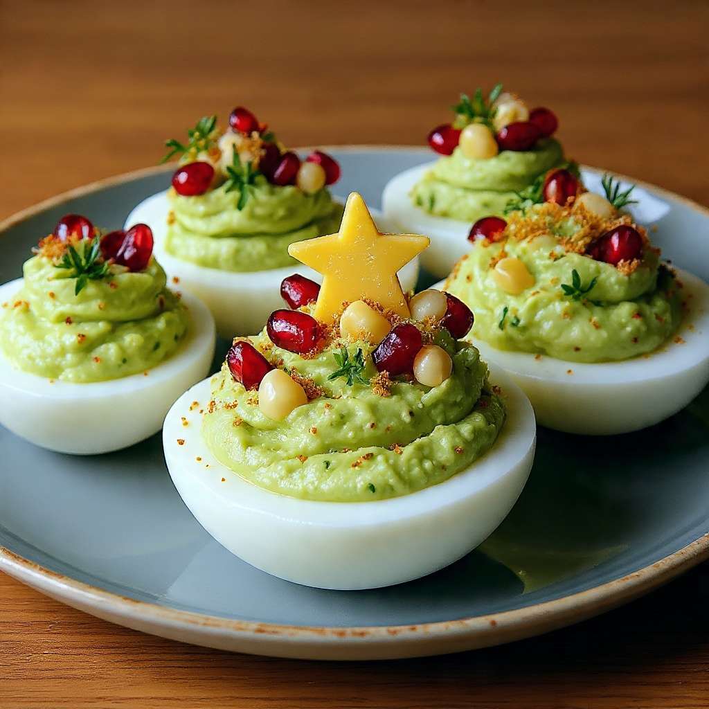 Œufs sapins Noël garnis de guacamole avec graines de grenade et étoiles de fromage