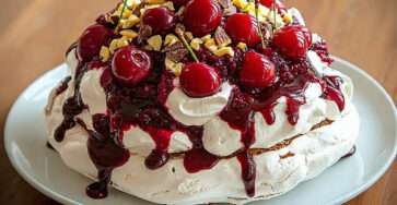 Pavlova cerises avec coulis noir, crème fouettée et éclats de chocolat