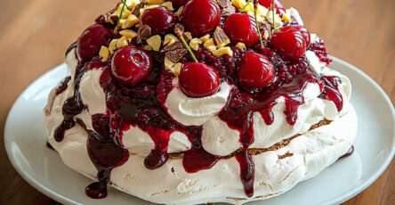 Pavlova cerises avec coulis noir, crème fouettée et éclats de chocolat