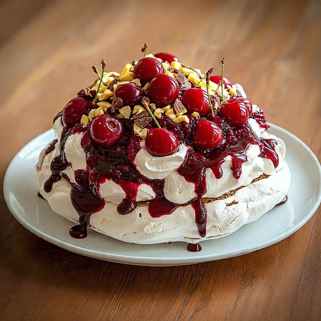 Pavlova cerises avec coulis noir, crème fouettée et éclats de chocolat