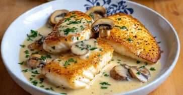 Poisson crème champignons nappé de sauce crémeuse avec persil frais