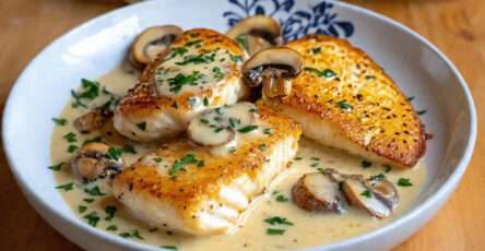 Poisson crème champignons nappé de sauce crémeuse avec persil frais