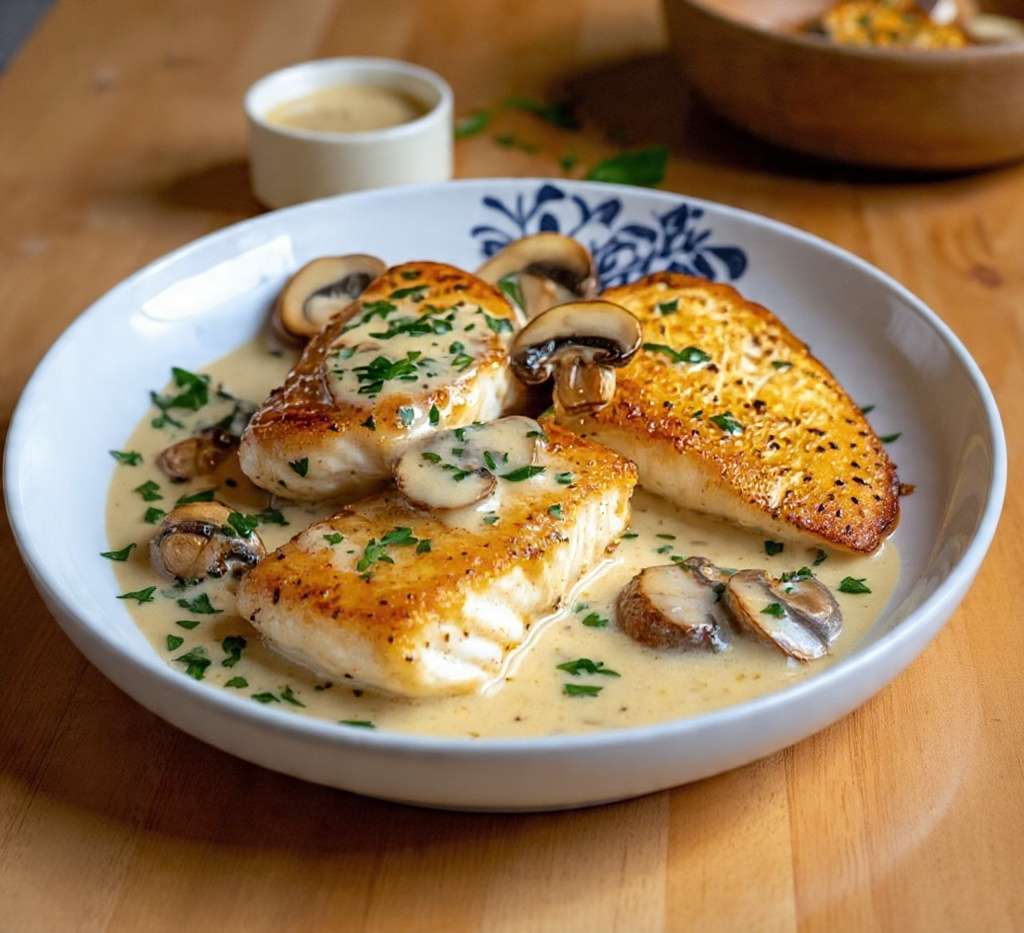 Poisson crème champignons nappé de sauce crémeuse avec persil frais