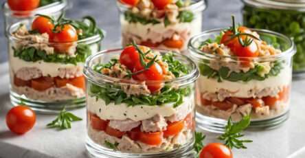 Verrines thon fromage frais garnies de tomates cerises et jeunes pousses