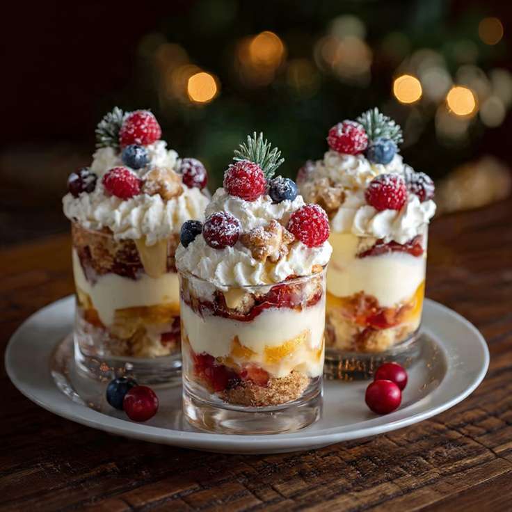 Verrines de Noël vanille et fruits rouges avec crumble croustillant