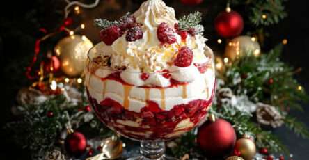 Trifle de Noël en verre avec fruits rouges, crème vanille et chantilly